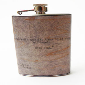Steampunk Wood Flask Poetry : "I Surrender Myself To Those That Read Me With Their Eyes Open" Surrealist Manifesto quote